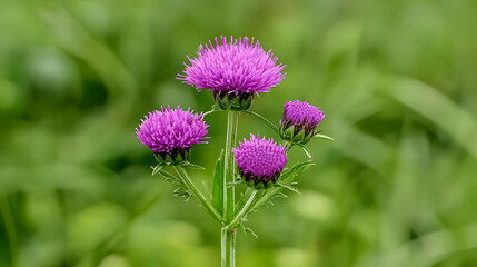 Obraz premium Closeup of Purple Thistle Flowers in a Green Field