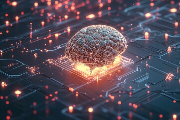 A conceptual 3D render of a human brain connected to a network of digital learning pathways and AI technology.