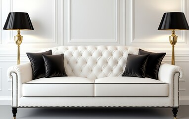 Elegant white tufted sofa with black pillows, surrounded by stylish lamps in a modern interior