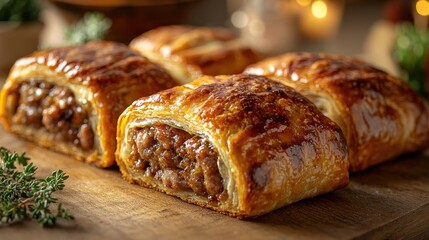 Tasty sausage rolls presented on a wooden board with a blurred Christmas background