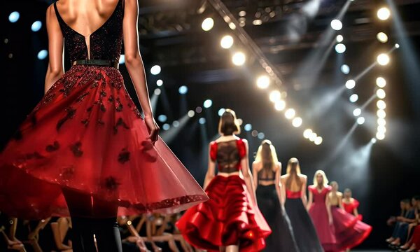 A fashion show scene featuring models in elegant dresses walking the runway under bright lights.