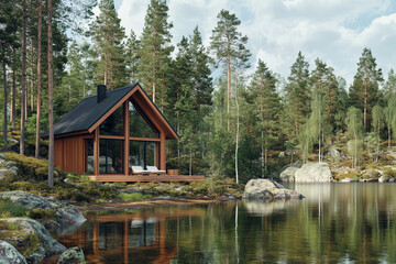 Fototapeta premium Peaceful modern wooden cabin in forest with pine trees on the edge of a tranquil lake