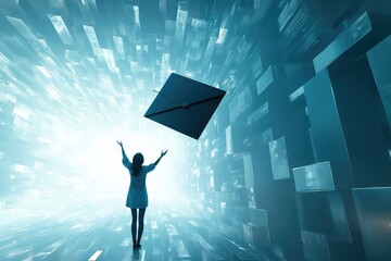 A conceptual 3D render of a student reaching towards a floating graduation cap, representing knowledge acquisition.