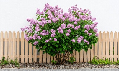 Fototapeta premium Vibrant lilac bush blooming in front of a white wall, with a wooden fence and gravel garden