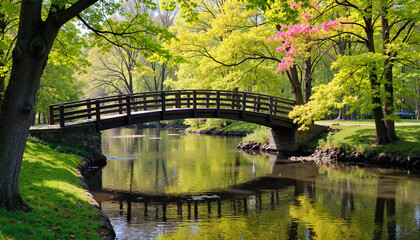 Fototapeta premium A charming wooden bridge spans a stream amidst vibrant green trees, evoking the connection and balance of the Spring Equinox.