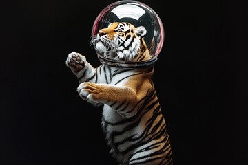 Space tiger wearing an astronaut helmet explores the galaxy in a cosmic backdrop