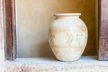 Antique vase with floral design in a niche.
