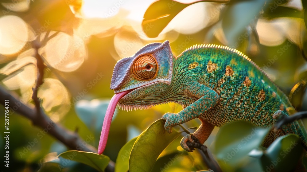 Poster chameleon with vibrant scales on a branch extending its tongue at golden sunset, nature's camouflage