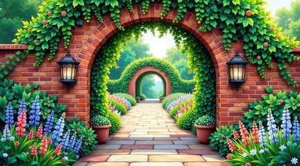 Serene Garden Pathway Through Brick Archways Adorned with Lush Greenery and Vibrant Flowers