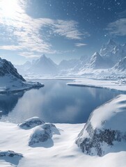 Fototapeta premium Serene Arctic Vista Snow Covered Mountains Reflecting in Calm Waters Under a Bright Cloudy Sky a Peaceful and Cold Landscape