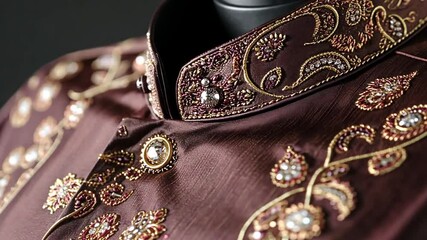 Detailed close-up of a richly embroidered brown suit jacket, showcasing intricate designs and elegant details. - Powered by Adobe