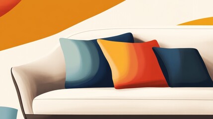 Cozy modern living room with colorful cushions on a stylish sofa against a vibrant backdrop