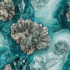 Crystal clusters resting on a blue, polished mineral surface, creating a textured, gem-like background