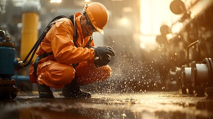 Naklejka premium Professional offshore maintenance worker in a bright orange PPE suit and secure harness