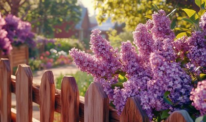 Obraz premium Vibrant lilac flowers bloom beside a wooden fence in a sunny garden, creating a serene atmosphere