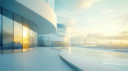 Modern Architectural Design with Curved Glass Facade at Sunset