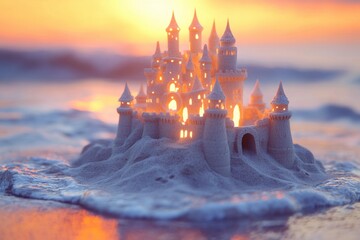 Sandcastle masterpiece glows at sunset on a beach with crashing waves