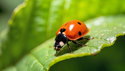 A vibrant ladybug resting on a green leaf symbolizes renewal, vitality, and the balance of nature during the Spring Equinox.