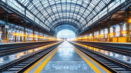 Naklejka premium Train Station with Glass Roof and Empty Tracks Leading Ahead