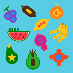 A set of vector images of abstract fruit designs in various colors.
