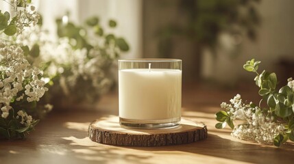 White Candle on Wooden Base with White Flowers and Greenery