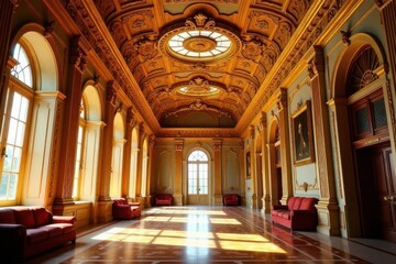 Fototapeta premium Sunlit Grand Hall with Gilded Ceilings and Ornate Architectural Details