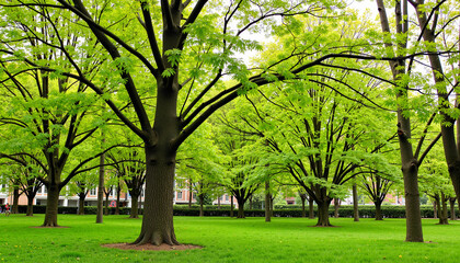 Fototapeta premium A tranquil park with rows of green budding trees showcases the rebirth and harmony of nature during the Spring Equinox.