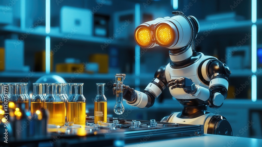 Poster robot used for complex research in laboratories, handling dangerous substances and conducting experi