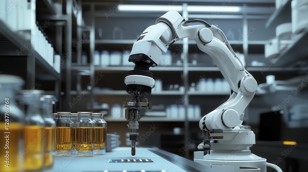 Poster robot used for complex research in laboratories, handling dangerous substances and conducting experi