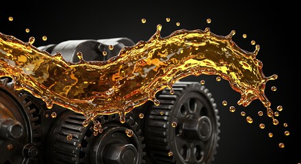 Engine gears lubricated by splashing golden motor oil close up