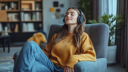 Fototapeta premium A calm young woman in casual attire, seated on a grey armchair in a sleek living room, listening to music through headphones with closed eyes, showcasing relaxation