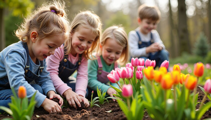 A group of children planting flowers in a garden symbolizes growth, renewal, and the nurturing spirit of the Spring Equinox.
