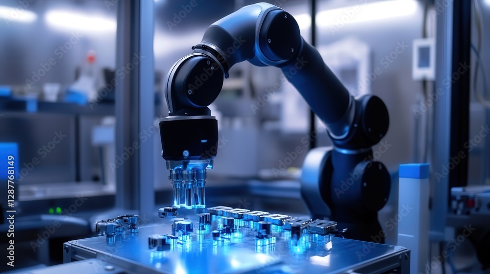Poster robot with specialized arms that performs intricate, high-precision tasks like electronics assembly 
