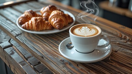 Cup of Coffee with Steam and Small Spoon Next to Plate of Croissants, Cozy Breakfast Scene