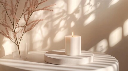 White Candle Lit on Round Stone Stand with Dried Flowers and Soft Sunlight
