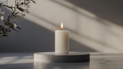 White Candle Lit in Soft Sunlight on Grey Platform