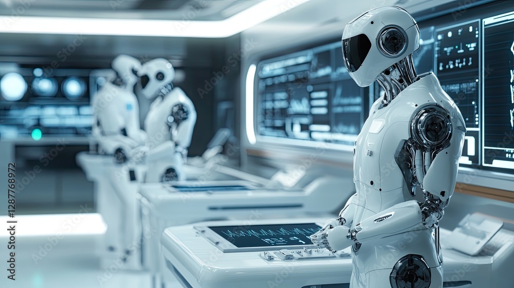Poster futuristic robots in high-tech control room with digital interfaces