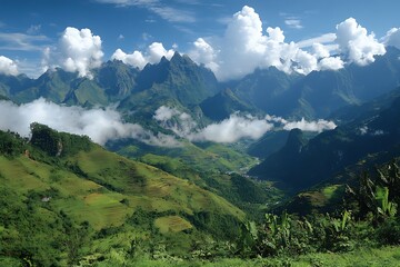 Mountain valley landscape, Vietnam, bright sky, clouds
