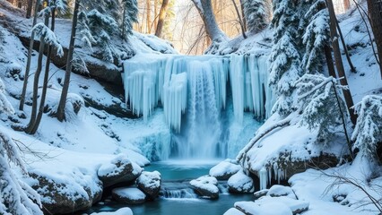 A frozen waterfall cascading through a winter forest, frozen, trees