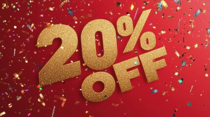 Discount announcement featuring bold 20 percent off text surrounded by colorful confetti on a vibrant red background