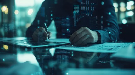 Businessman Analyzing Financial Data with Digital Overlay