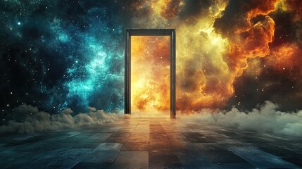 Cosmic Portal Between Colorful Nebulae and Celestial Clouds