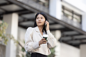Future remote work combines technology smart phone connection online white digital business woman...