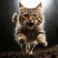 Tabby cat running towards camera with wide open eyes and mouth, showcasing dramatic and energetic expression.
