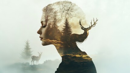 Fototapeta na wymiar Woman's Profile Blended with Forest and Deer
