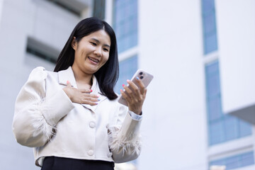 Future remote work combines technology smart phone connection online white digital business woman...
