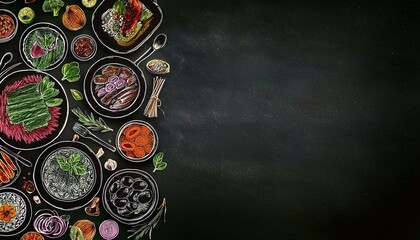 healthy food banner. Menu-style banner – imitation of a chalkboard or paper texture, drawn healthy dishes,  space for text