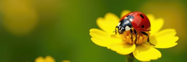 Fototapeta premium Bright red ladybug sits on delicate yellow flower, petal, garden