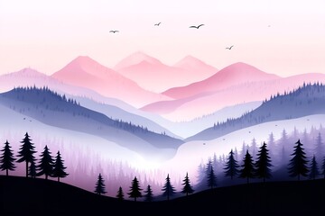 Obraz premium Vibrant mountain landscape with pastel hues and serene forest silhouette at dawn