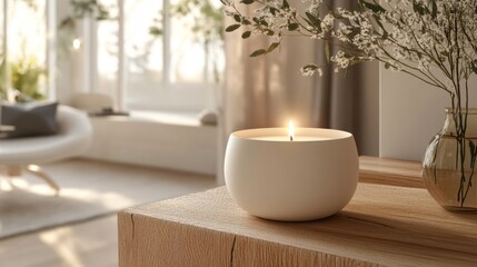 White Candle Lit on Wooden Table in Bright Room